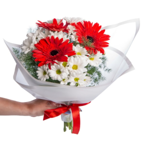 Marmaris Çiçek Beyaz Papatya ve Kırmızı Gerbera Çiçek Buketi